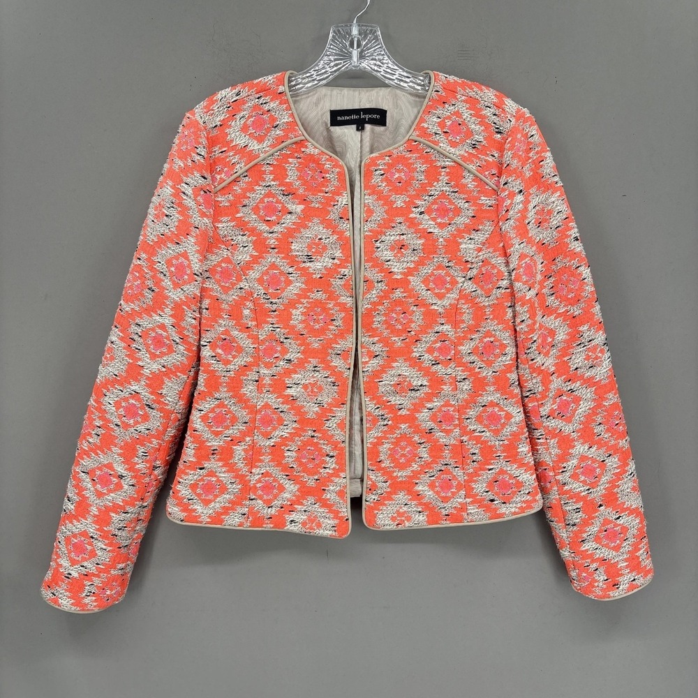 Nanette Lepore Jacket Size 8 Coral Orange Jacquard Cropped Blazer Southwest Ikat